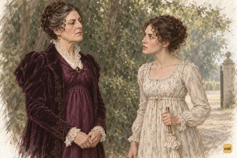 Elizabeth meets Lady Catherine’s offended authority with a level chin and steady gaze.