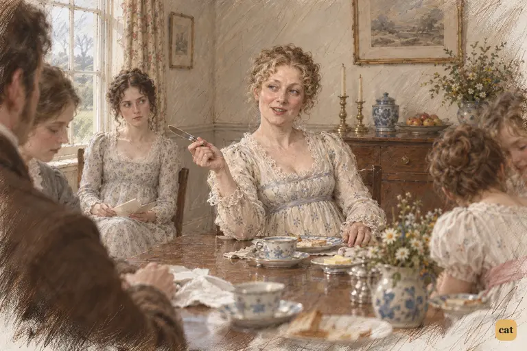Mrs. Bennet dismisses Jane’s illness with a complacent smile and a flick of her butter knife.