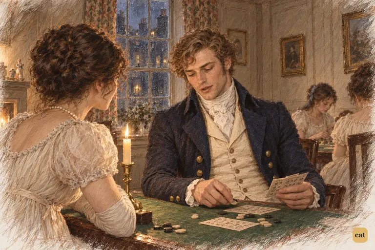 Wickham turns a card as he presents Darcy’s supposed jealousy with an air of reluctant modesty.