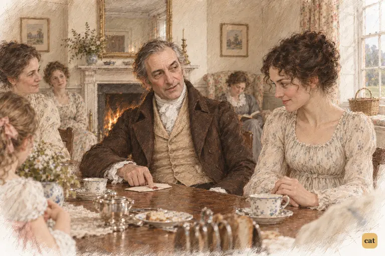 Mr. Bennet taps the folded letter as he shares his dry anticipation with Elizabeth.