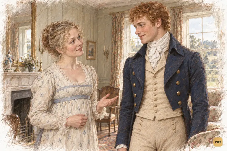 Mrs. Bennet secures Bingley’s promise to dine at Longbourn as he pauses beside his vacated chair.