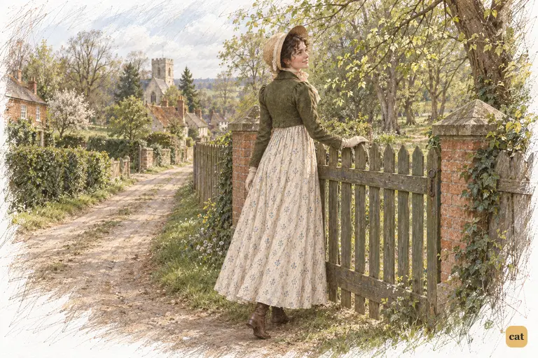 Elizabeth pauses beside the park gate, looking into the fresh spring foliage.