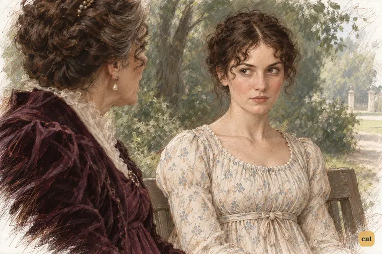 Lady Catherine attacks Elizabeth’s family as they sit in Longbourn’s copse.