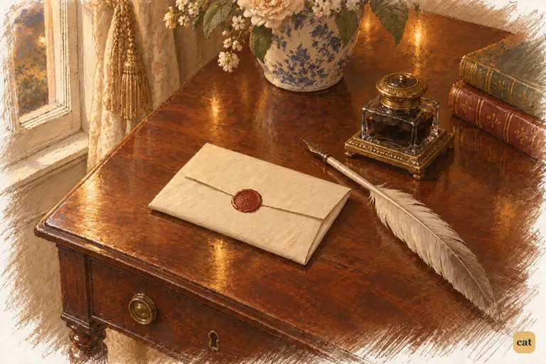 Darcy’s finished letter lies folded and sealed beside the resting quill.
