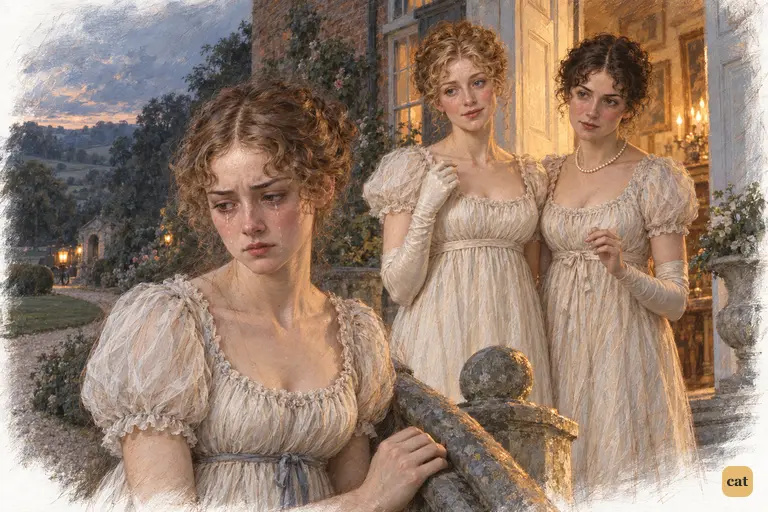Kitty grips the rail, her tears revealing vexation and envy at Lydia’s departure.