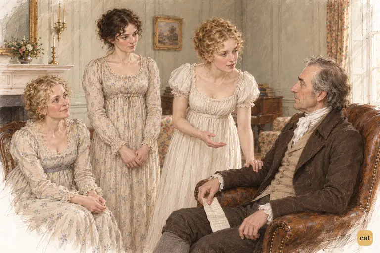 Jane gently urges Mr. Bennet to receive Lydia and her husband, with Elizabeth’s support