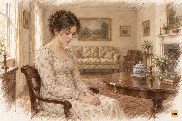Elizabeth sits beside the round table in fading daylight, her gaze lowered to her resting hands.