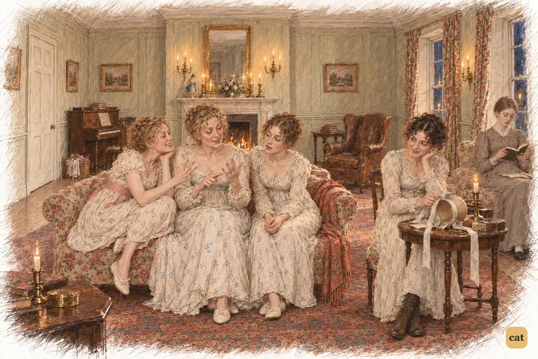 Mrs. Bennet, Lydia and Kitty eagerly count the days until Mr. Bingley might return the visit.