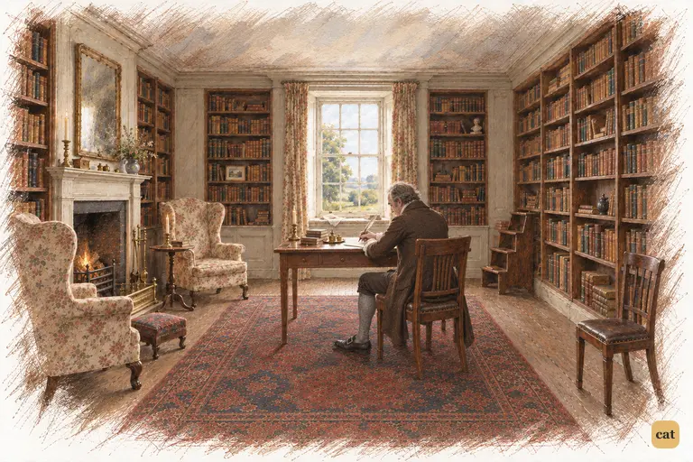 Mr. Bennet pauses over a blank sheet in his library, his quill suspended.
