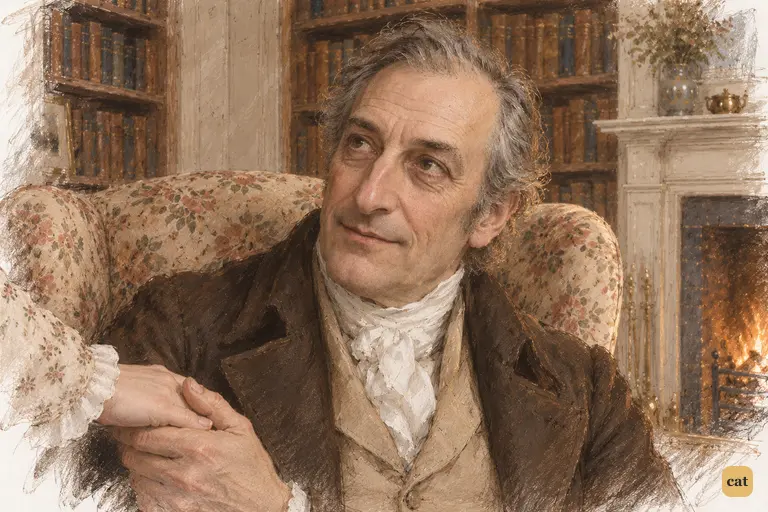 Mr. Bennet looks up at Elizabeth with a tired, affectionate smile, her hand still resting in his.
