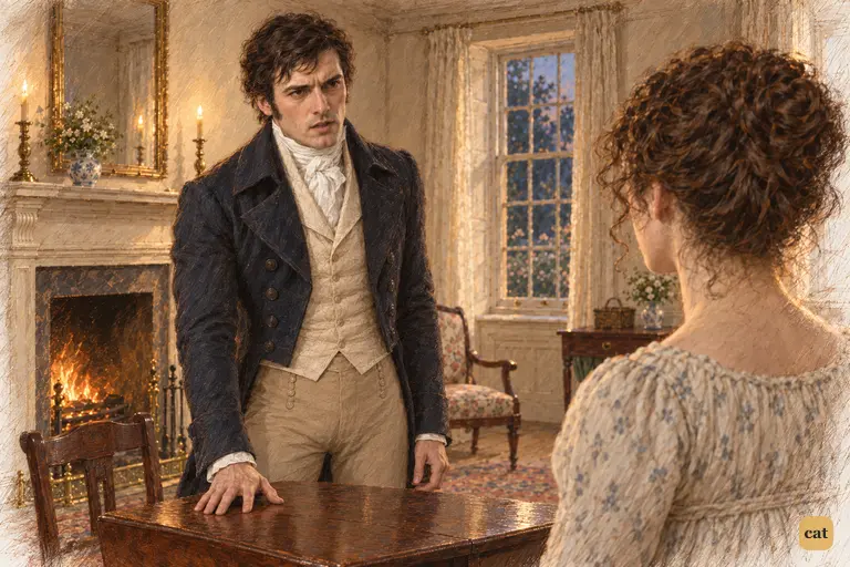 Darcy stops across the small table and openly defends his pride to Elizabeth.