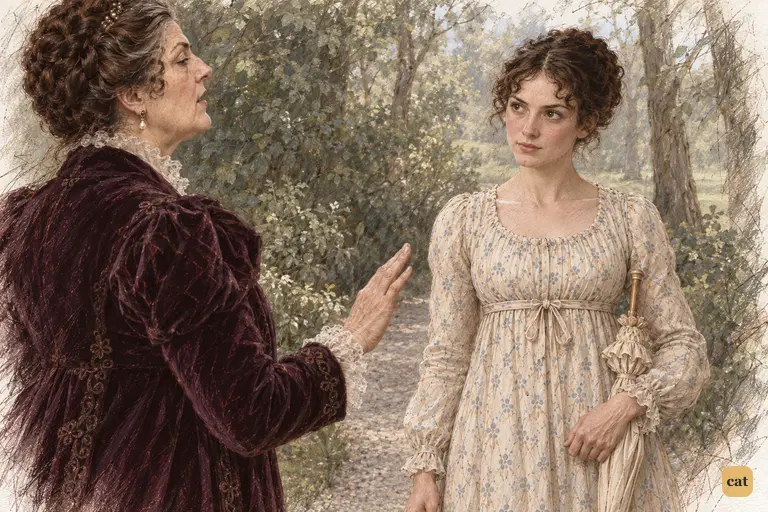 Lady Catherine pronounces her threat of social exclusion across the gravel path.