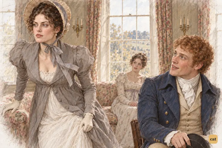 Caroline rises abruptly to leave Longbourn, catching the still-seated Bingley mid-word.