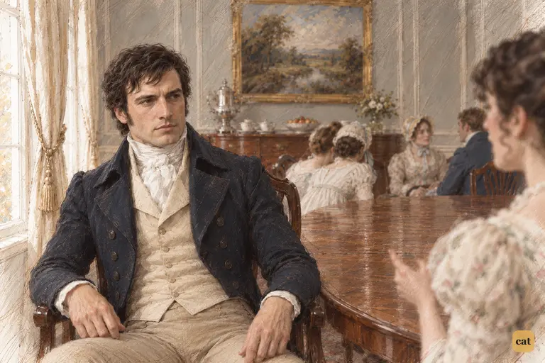 Darcy listens intently as Elizabeth calls intricate characters the most amusing.