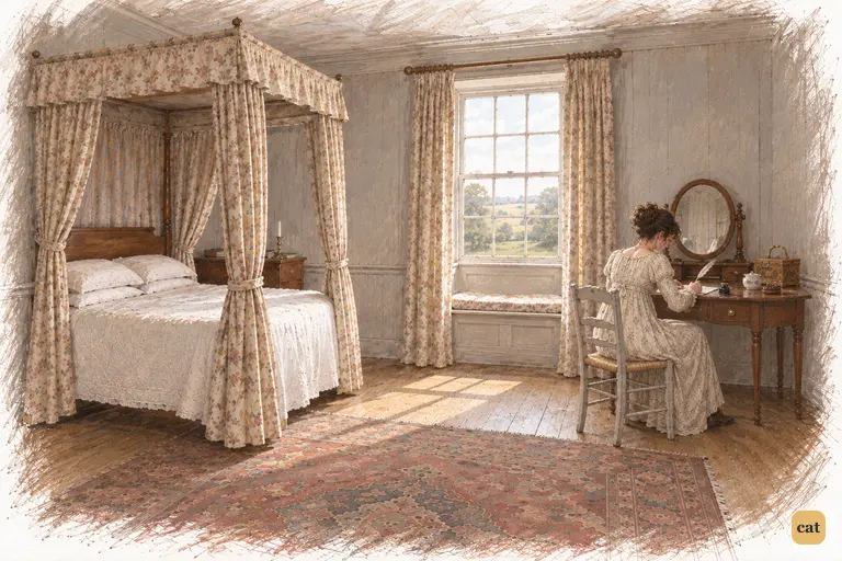 Elizabeth sits alone with paper and quill, unsettled by Darcy’s presence at Lydia’s wedding.