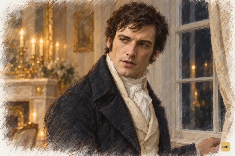 Darcy turns from the dark window and acknowledges Jane Bennet's beauty, with reservations