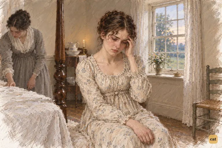 Exhausted by tears for Jane, Elizabeth rests against a bedpost as evening fades.