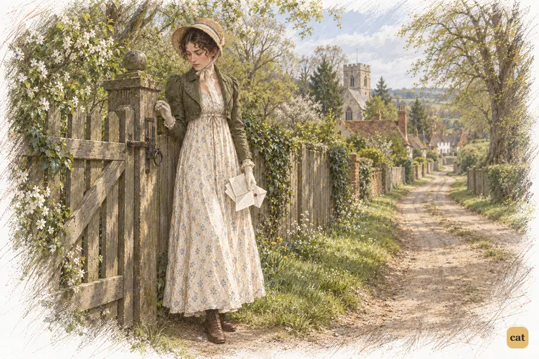 Elizabeth pauses at the gate, hand near its latch, Darcy's letter lowered at her side