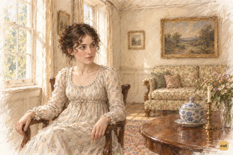 Elizabeth rests in quiet reflection, her gaze passing beyond the vacant chair.