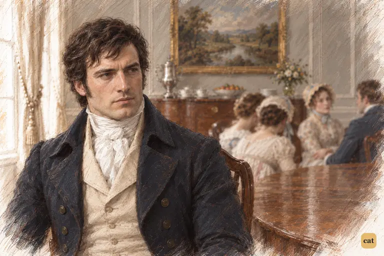 Darcy begins to turn away from Mrs. Bennet, breaking their exchange with a cold, silent dismissal.