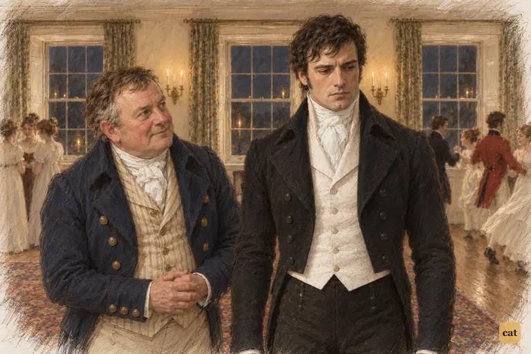 Sir William leans towards Darcy with hopeful courtesy.