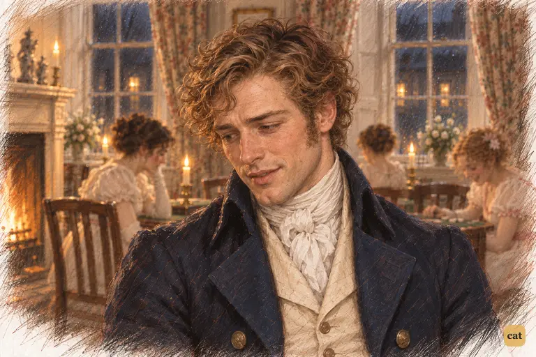 Wickham dips his chin in a restrained headshake as he begins his judgement of Miss Darcy.