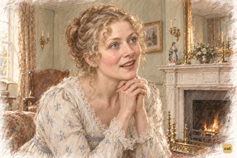 Mrs. Bennet clasps her hands beneath her chin, radiant with triumph.