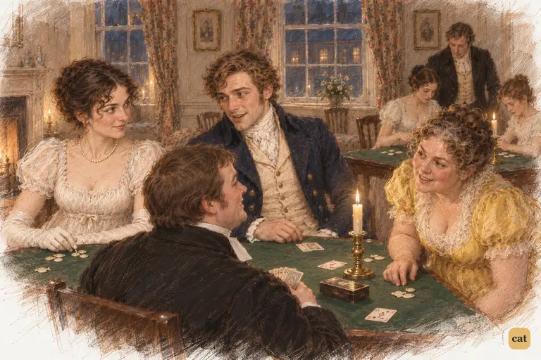 Elizabeth and Wickham trade a knowing glance as Collins beams up at Mrs. Philips