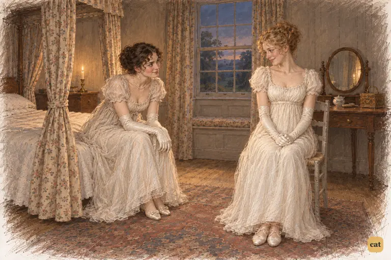After the ball, Jane smiles shyly in the candlelit chamber, about to praise Bingley