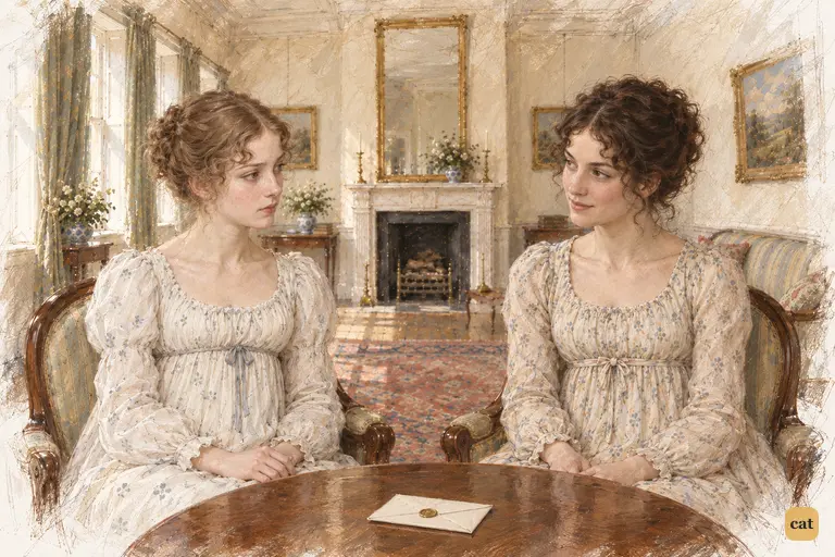 Kitty rests her hands quietly in her lap and sustains Elizabeth’s affectionate gaze.