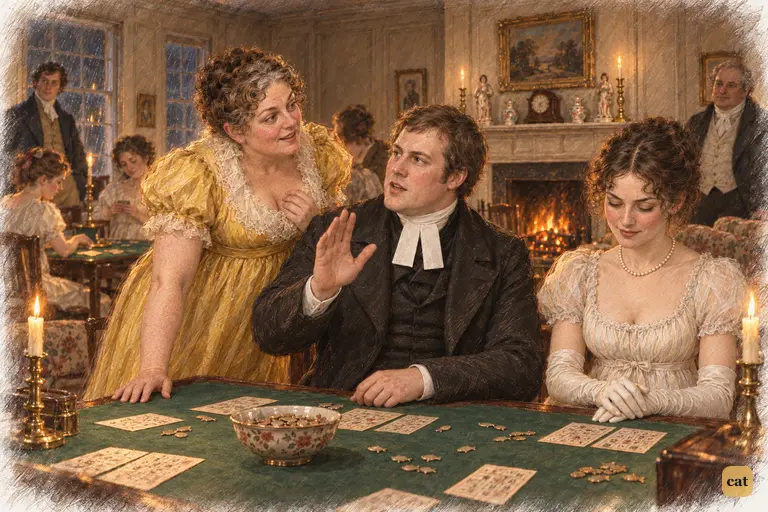 Collins solemnly shrugs off his gambling loss, secure in Lady Catherine's protection