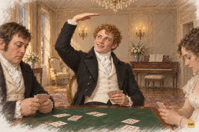 Bingley raises a hand above his curls to measure Darcy's height, clowning fondly
