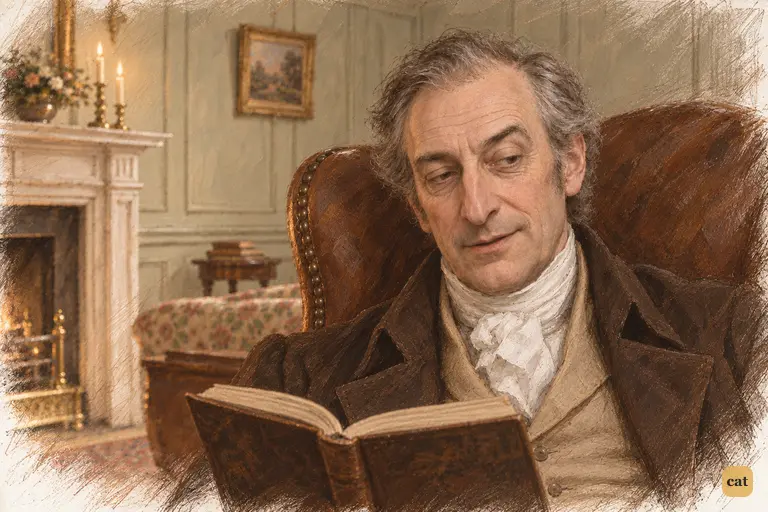 Mr. Bennet pauses over his book to deliver a courteous, quietly cutting reply.