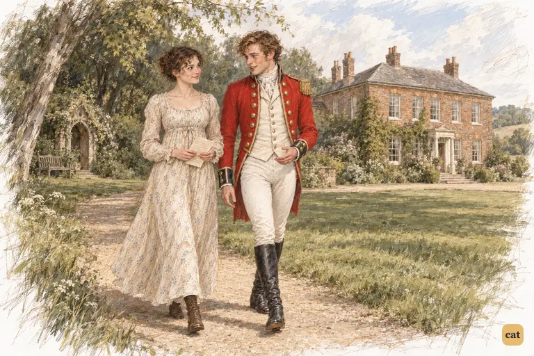 Wickham invokes Pemberley with affectionate charm as he walks towards Longbourn beside Elizabeth.