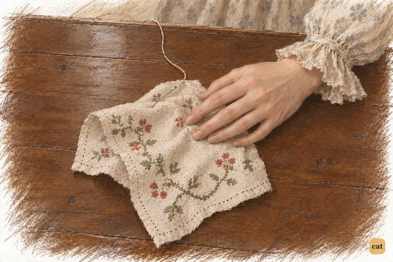Elizabeth settles her needlework on the mahogany table, her fingertips holding its last fold flat.
