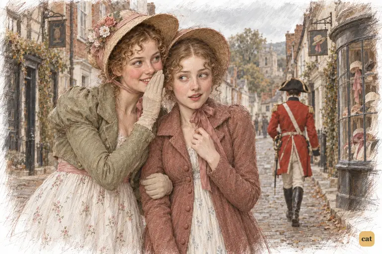 Lydia whispers to Kitty as a scarlet-coated officer walks down Meryton High Street