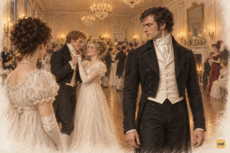 Darcy stops in the dance, struck by Sir William’s hint, and looks gravely toward Bingley and Jane.