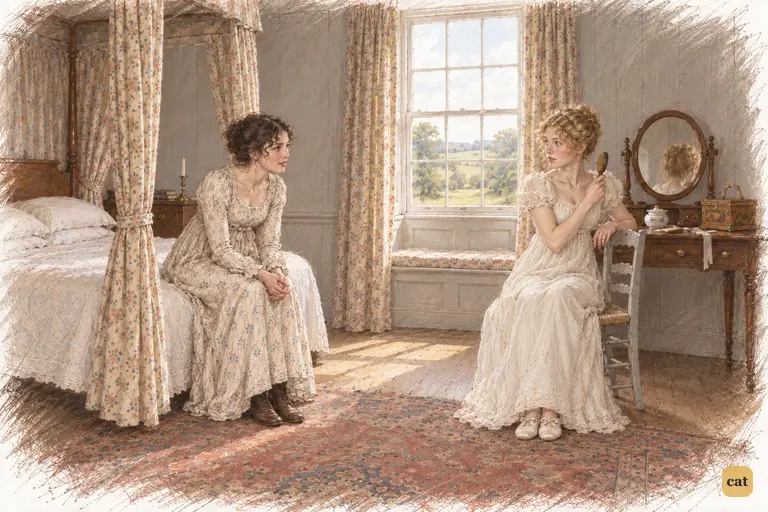 In their private bedchamber at Longbourn, Elizabeth begins confiding in Jane about Darcy’s proposal.