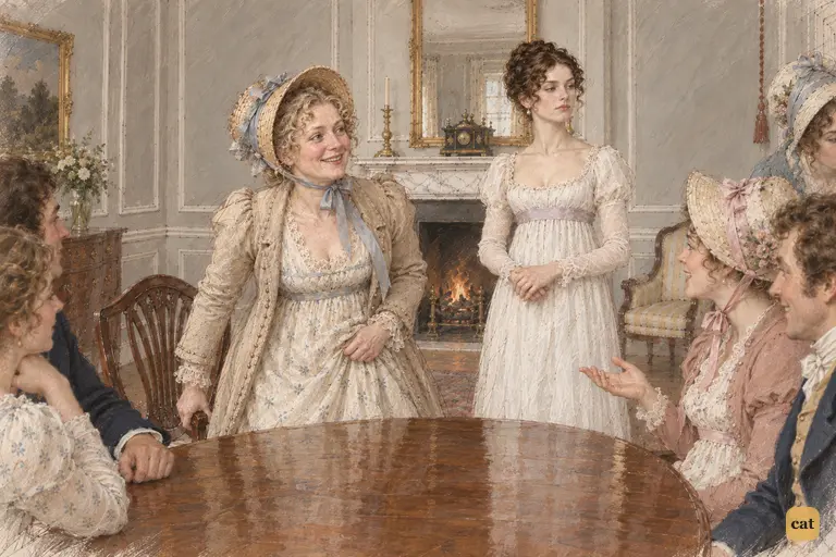 Mrs. Bennet half rises, delighted by the promised ball as Lydia declares herself satisfied.