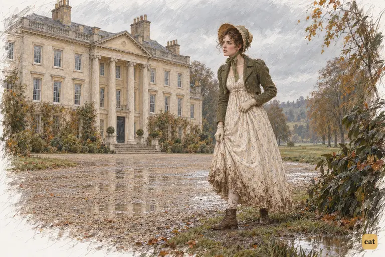 Elizabeth stops at Netherfield's grounds after a three-mile walk, muddy and flushed
