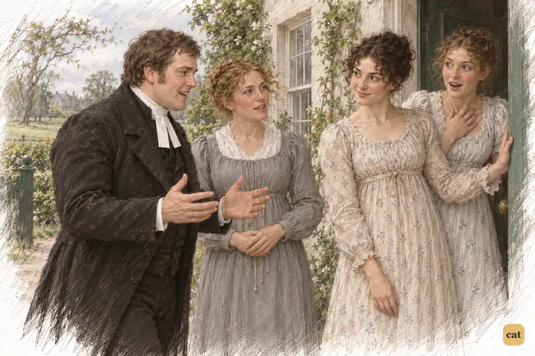 At the parsonage doorway, Mr. Collins beams as Charlotte explains tomorrow’s invitation to Rosings.