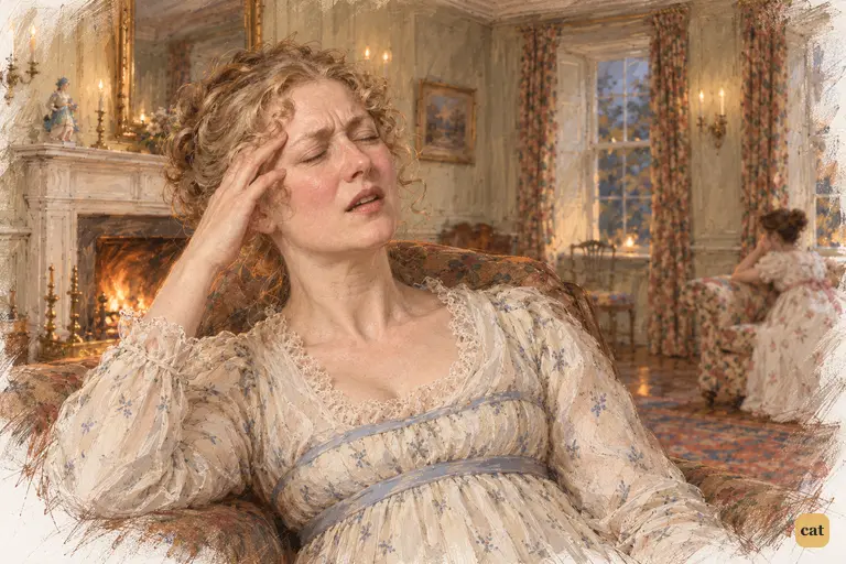 Mrs. Bennet presses her temple in exasperation, unaware her husband has visited Bingley
