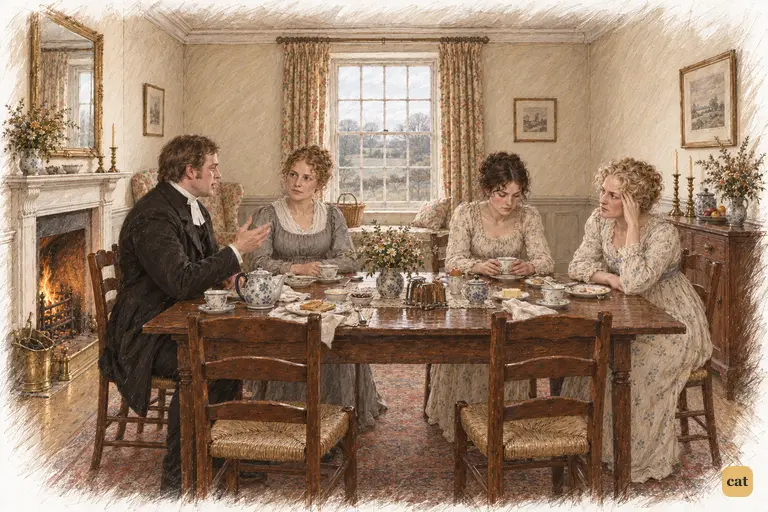 Collins attends to Charlotte at the breakfast table, a stiff shoulder turned to Elizabeth