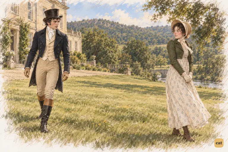 Darcy and Elizabeth blush as their eyes meet across Pemberley’s lawn