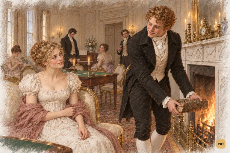 Bingley pauses with a log in his hands to meet Jane’s eyes.