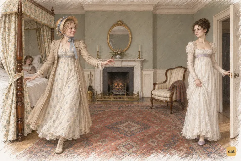 Miss Bingley holds the threshold with cool civility while Mrs. Bennet eagerly rises to follow her.