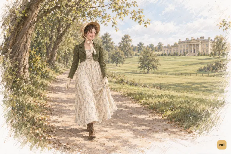 Elizabeth walks along her sheltered grove path in the mild spring sunshine.