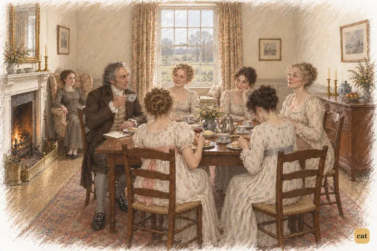 Mr. Bennet quietly announces an expected guest over breakfast.