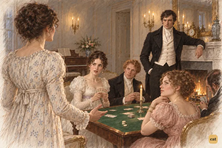 Elizabeth answers Darcy across the card-table, her amused challenge meeting his controlled interest.