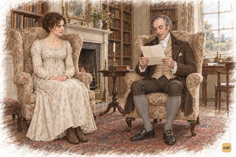 Mr. Bennet reads Mr. Collins's warning with amusement as Elizabeth listens anxiously
